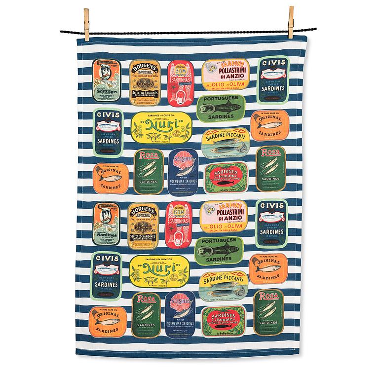 Sardine Tins On Stripes Kitchen Towel