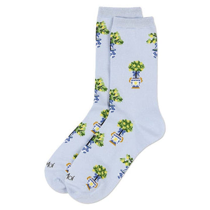 Women's Bamboo Crew Socks Light Blue Topiary