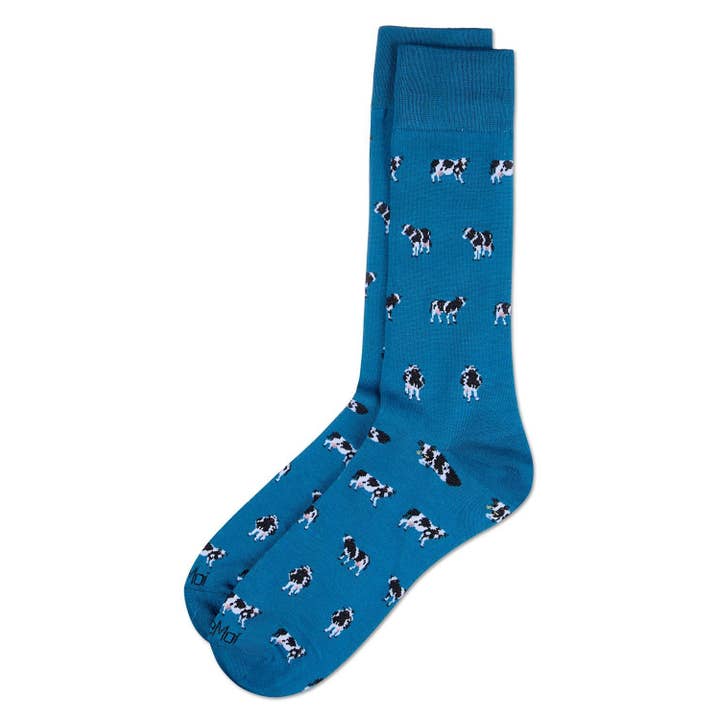 Men's Bamboo Crew Socks Blue Sapphire Cows