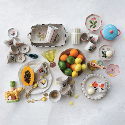 8-1/2" Hand-Painted Stoneware Plate – Flower Design with Ruffled Edge