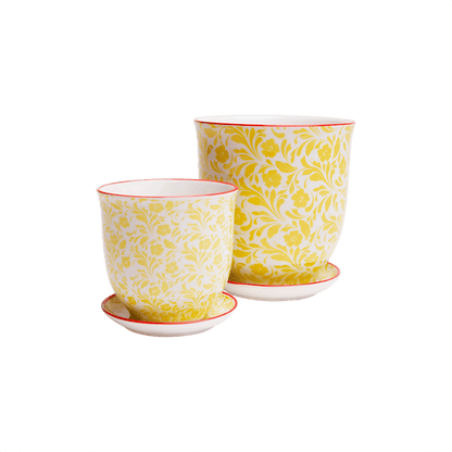 Liberte 4, 4.25" Pot & Saucer - Yellow Flowers