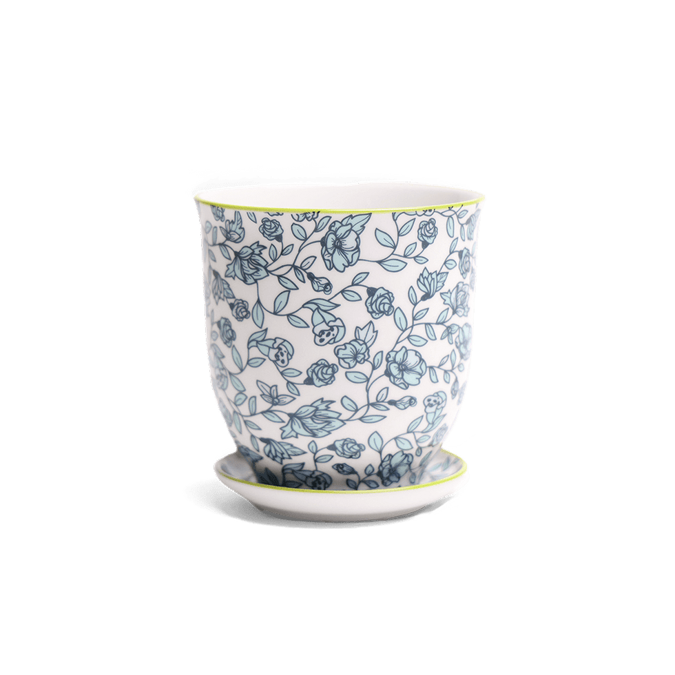 Liberte 3, 4.25" Pot & Saucer - Green Flowers