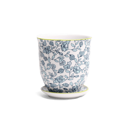 Liberte 3, 4.25" Pot & Saucer - Green Flowers