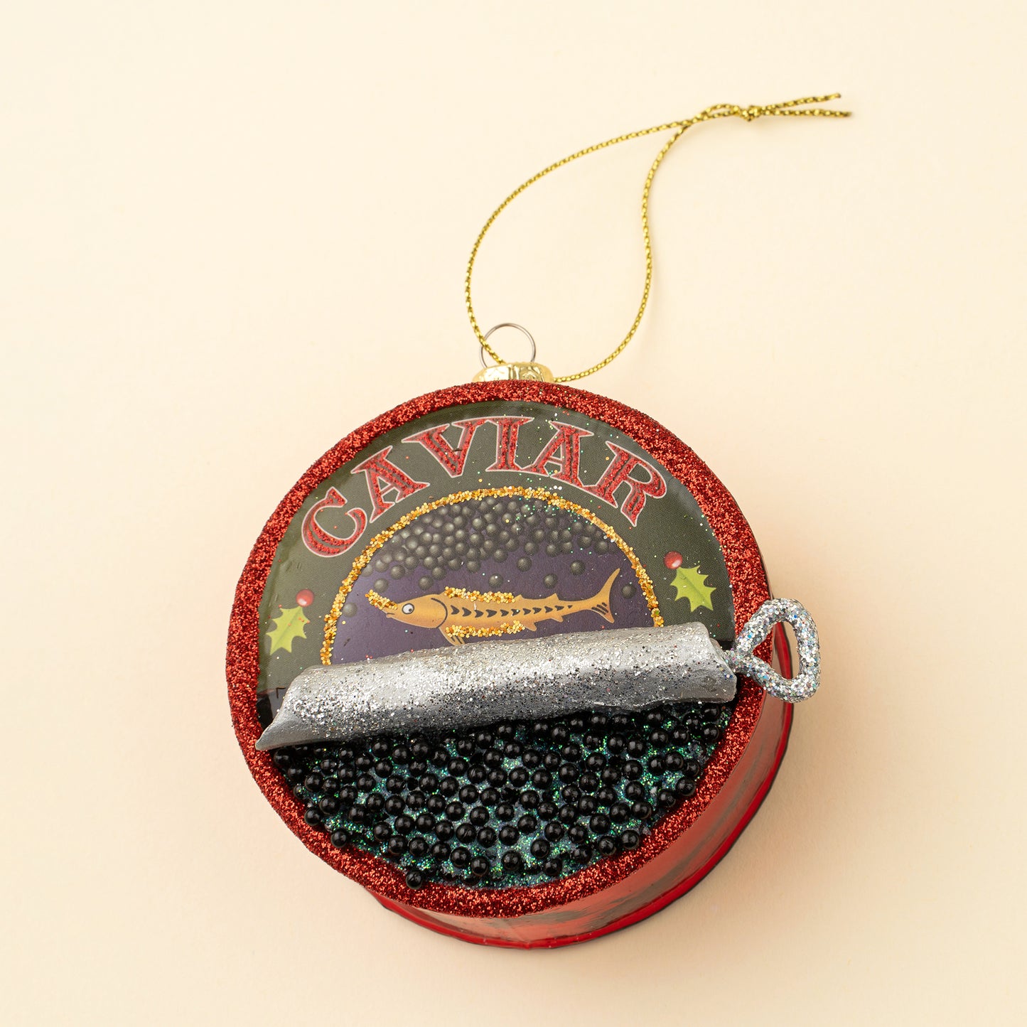 Caviar Glass Holiday Ornament, Red Glitter