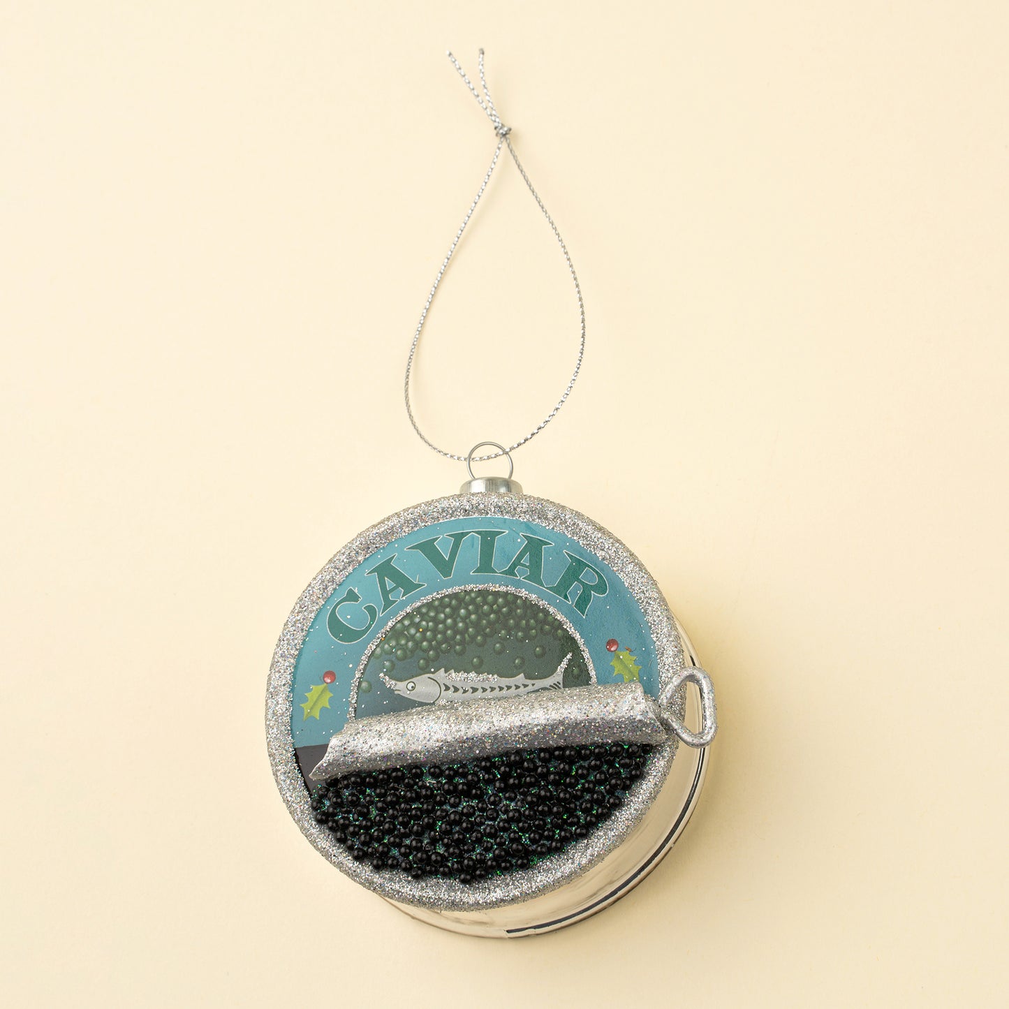 Caviar Glass Holiday Ornament, Silver Glitter
