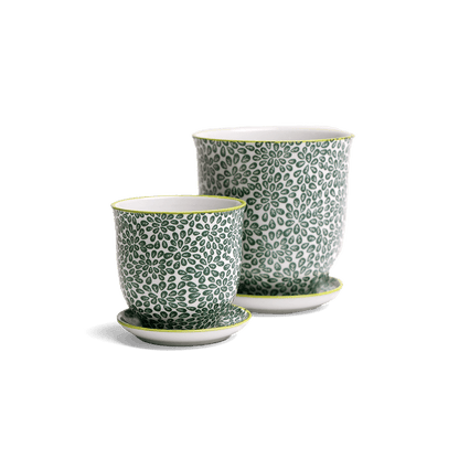 Liberte 3, 4.25" Pot & Saucer - Green Leaves