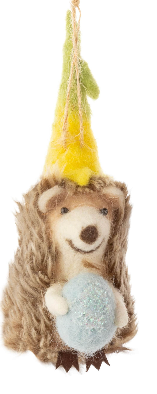 F114 - Felt Hedgehog Ornament With Floral Hats And Egg Trim