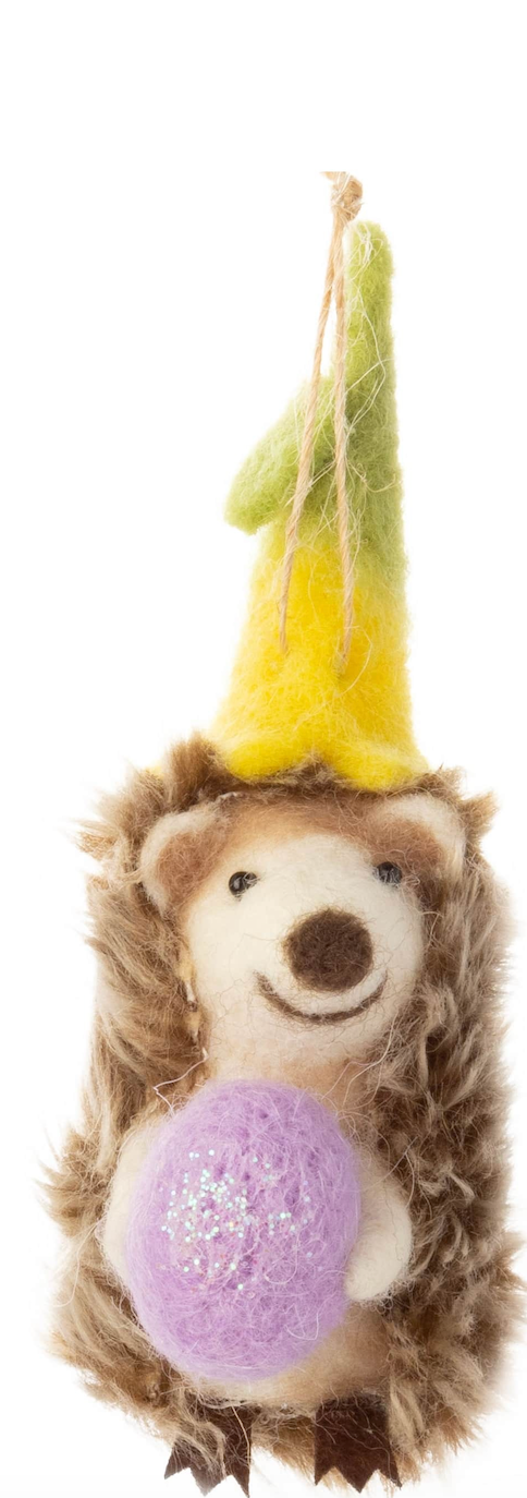 F114 - Felt Hedgehog Ornament With Floral Hats And Egg Trim