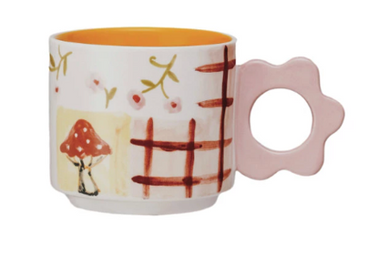 Hand-Painted Stoneware Mug w/ Flower Shaped Handle