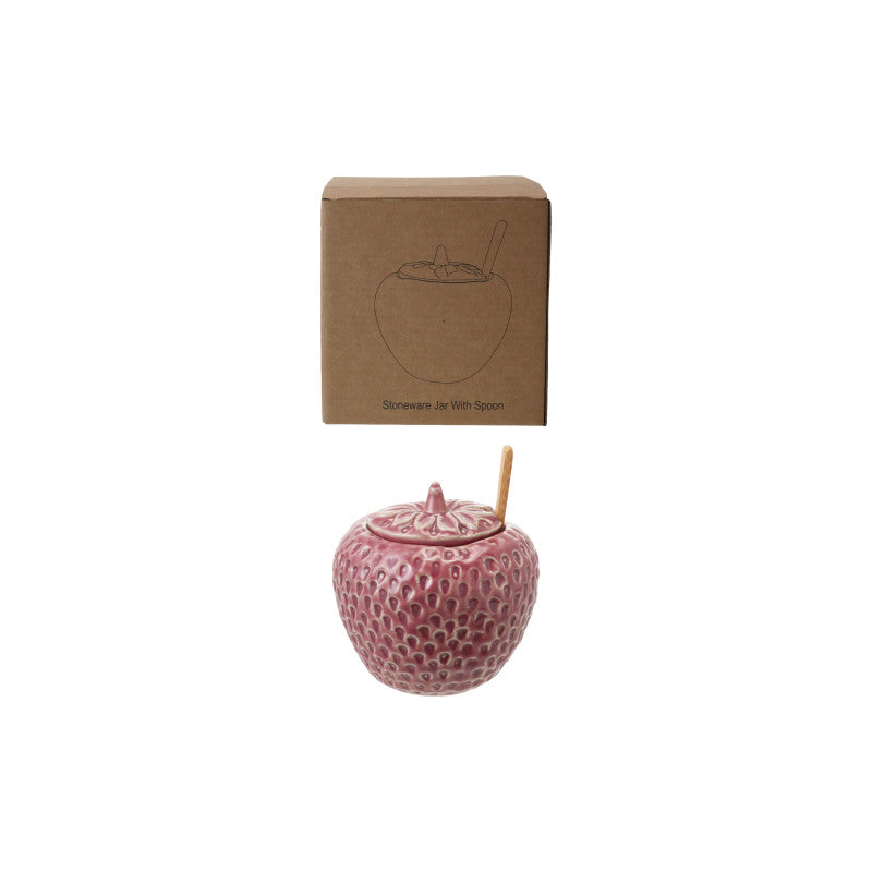 Strawberry Shaped Stoneware Jar with Lid &  Bamboo Spoon – 6oz