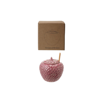Strawberry Shaped Stoneware Jar with Lid &  Bamboo Spoon – 6oz