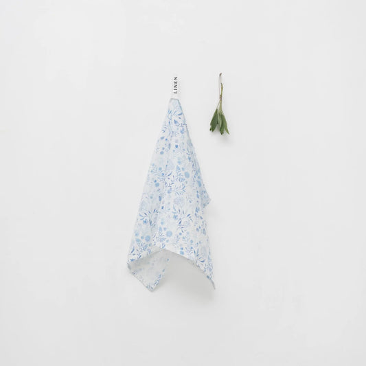 White Botanical Blue Linen Kitchen Towel