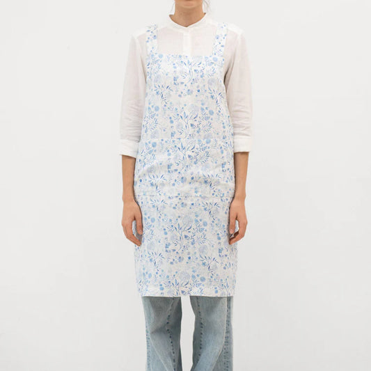 White Botanical Blue Linen Crossback Apron