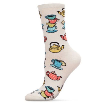 Women's Bamboo Crew Socks Ivory Tea Time
