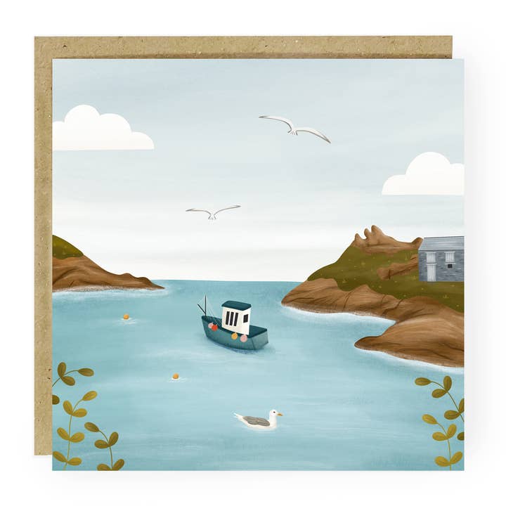 Polperro Harbour Seascape Illustration Art Greeting Card