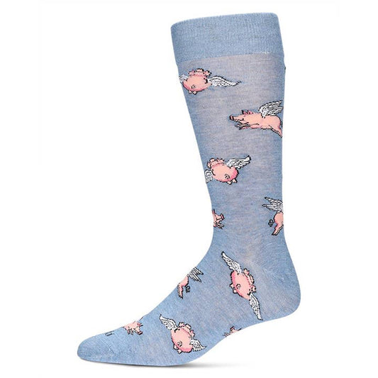 Men's Bamboo Crew Socks Denim Heather Flying Pigs