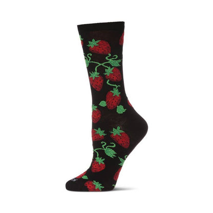 Women's Bamboo Crew Socks Black Strawberry Vines