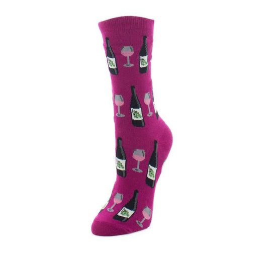 Women's Bamboo Crew Socks Festival Fuchsia Wine Glass