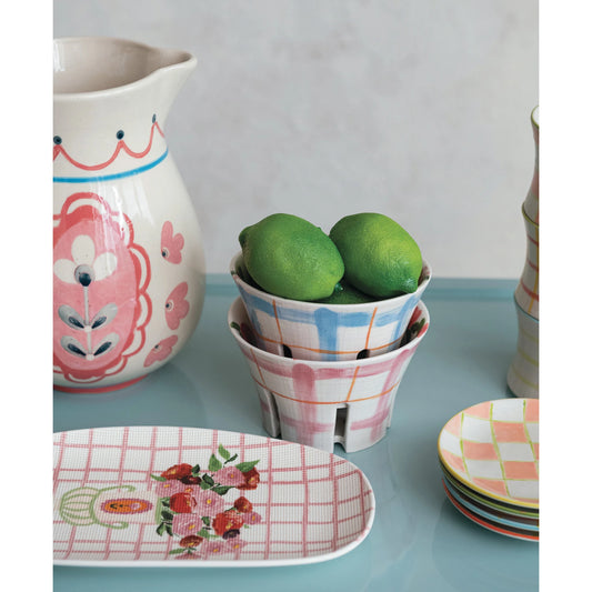 Hand-Painted Stoneware Berry Bowl w/ Plaid + Floral