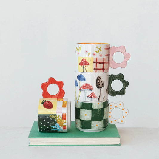 Hand-Painted Stoneware Mug w/ Flower Shaped Handle