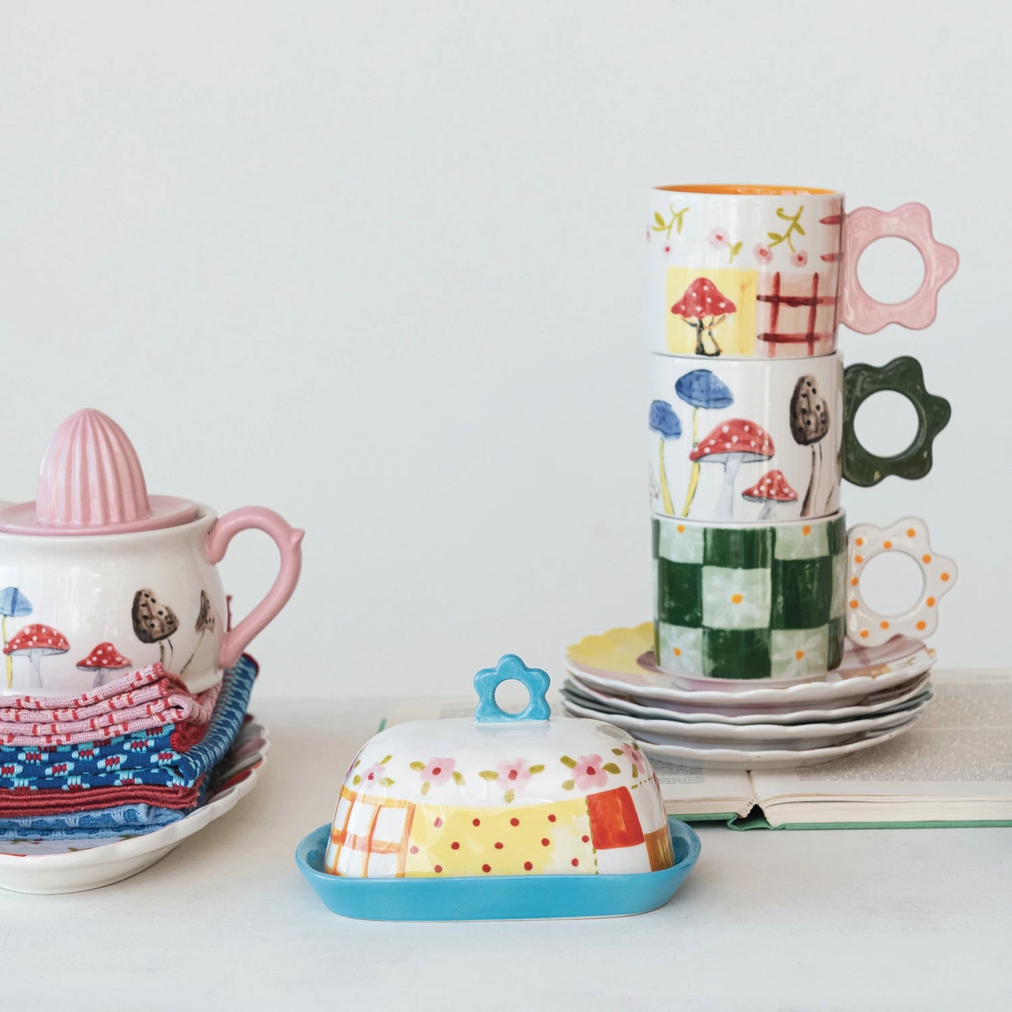 6-1/2"L x 3-1/2"H Stoneware Butter Dish With Flower Handle