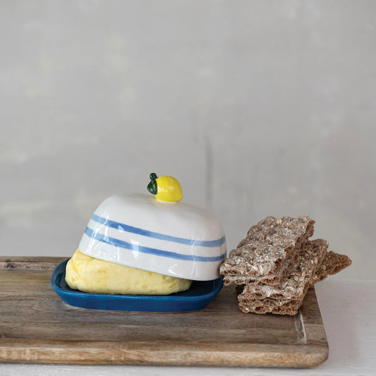 Hand-Painted Butter Dish with Lemon Shaped Finial + Blue Stripes