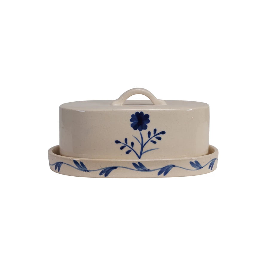 Hand-Painted Stoneware Butter Dish – Blue & White Flower Design