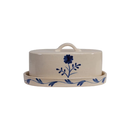 Hand-Painted Stoneware Butter Dish – Blue & White Flower Design