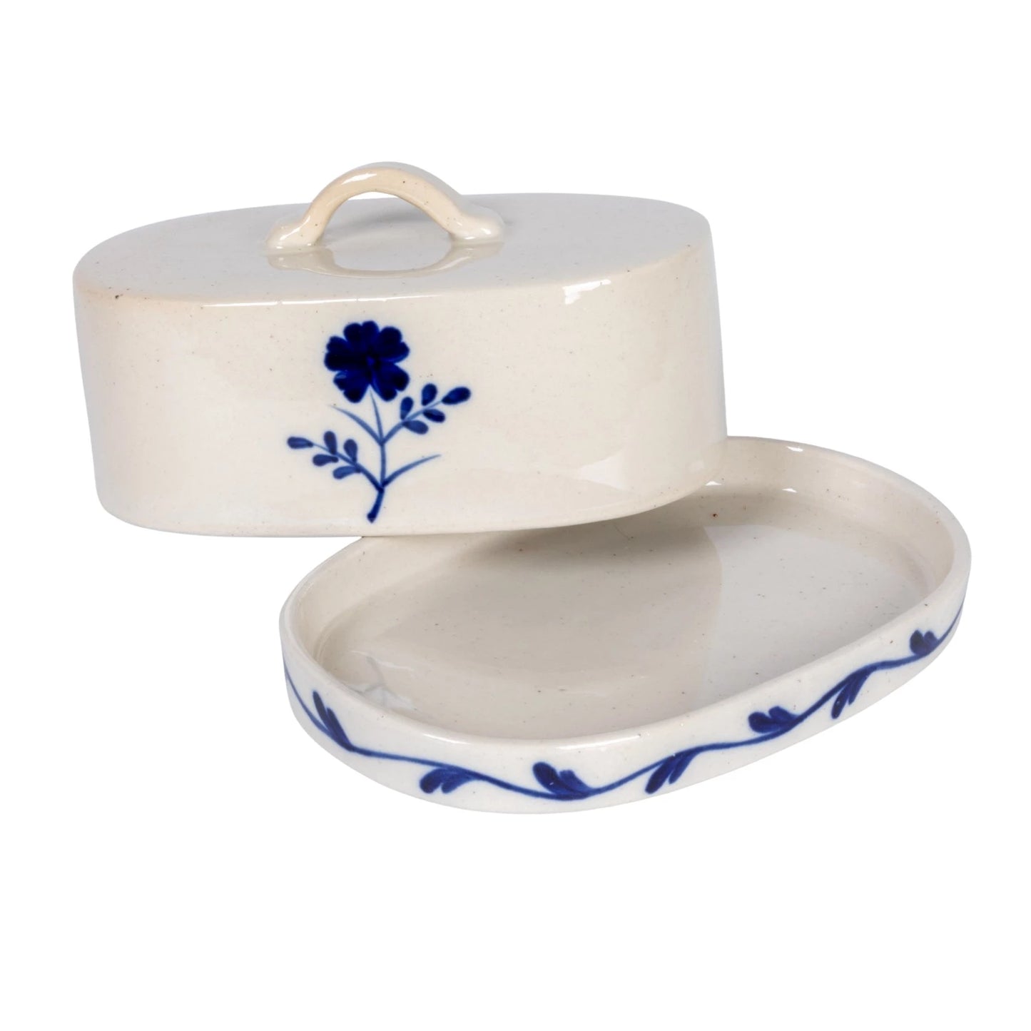 Hand-Painted Stoneware Butter Dish – Blue & White Flower Design