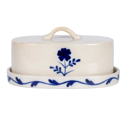 Hand-Painted Stoneware Butter Dish – Blue & White Flower Design