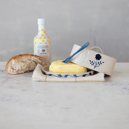 Hand-Painted Stoneware Butter Dish – Blue & White Flower Design