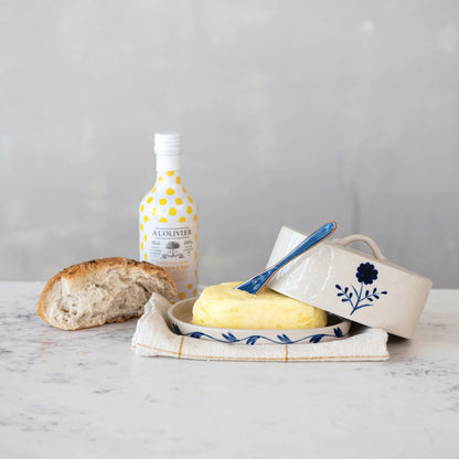 Hand-Painted Stoneware Butter Dish – Blue & White Flower Design