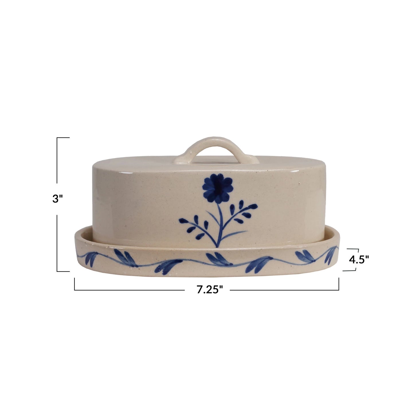 Hand-Painted Stoneware Butter Dish – Blue & White Flower Design
