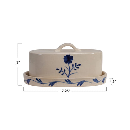 Hand-Painted Stoneware Butter Dish – Blue & White Flower Design