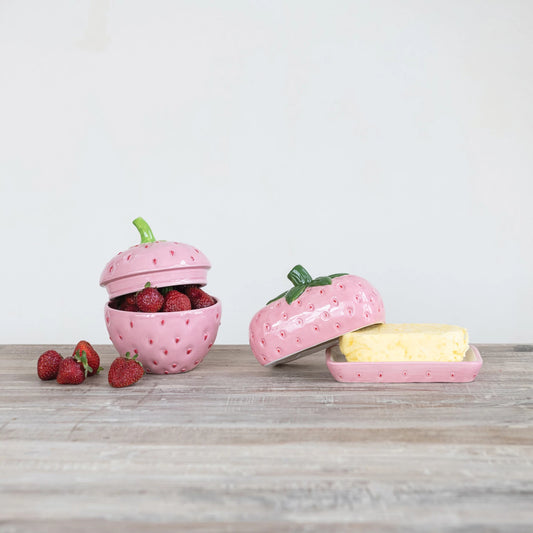 Hand-Painted Ceramic Strawberry Shaped Butter Dish