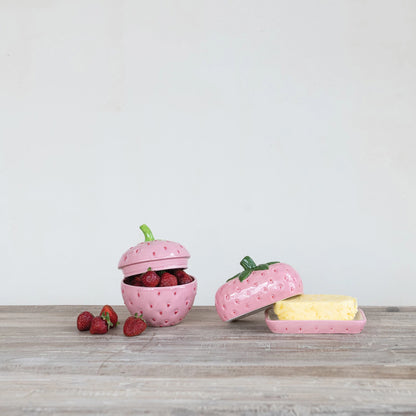 Hand-Painted Ceramic Strawberry Shaped Butter Dish