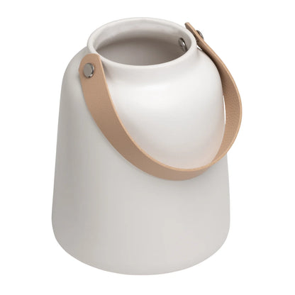 Lido Matte White Ceramic 11h" Tapered Vase with Faux Leather Handle