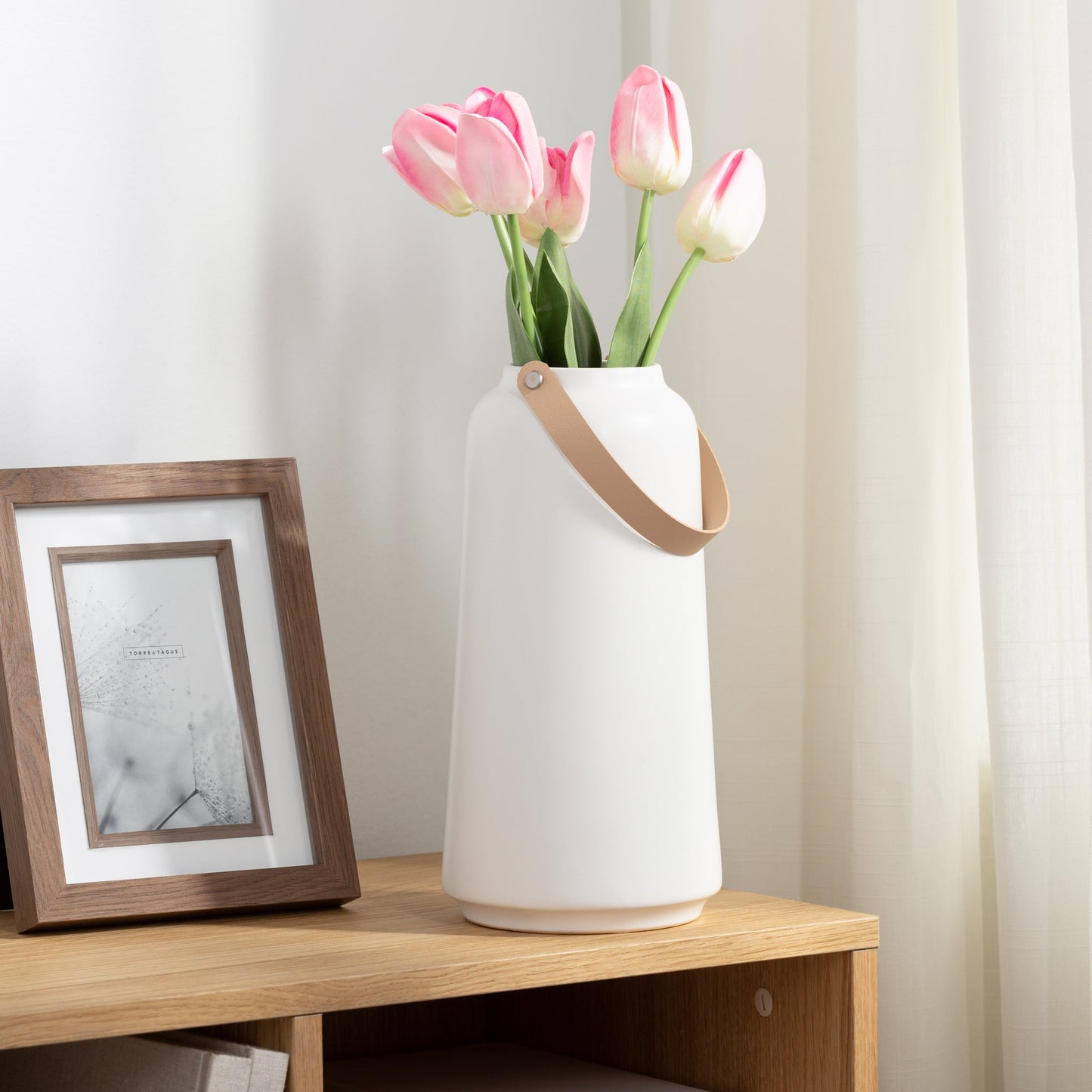 Lido Matte White Ceramic 11h" Tapered Vase with Faux Leather Handle