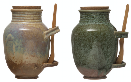 Vintage Reproduction Olive Jar w/ Cork Lid & Wood Tongs Reactive Glaze Sage
