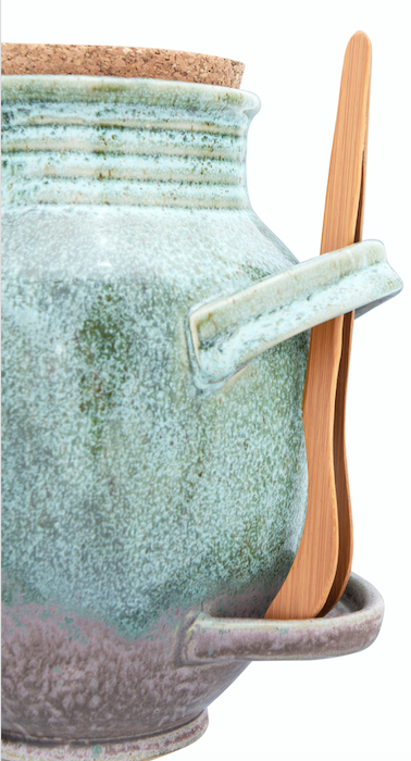 Vintage Reproduction Olive Jar w/ Cork Lid & Wood Tongs Reactive Glaze Sage