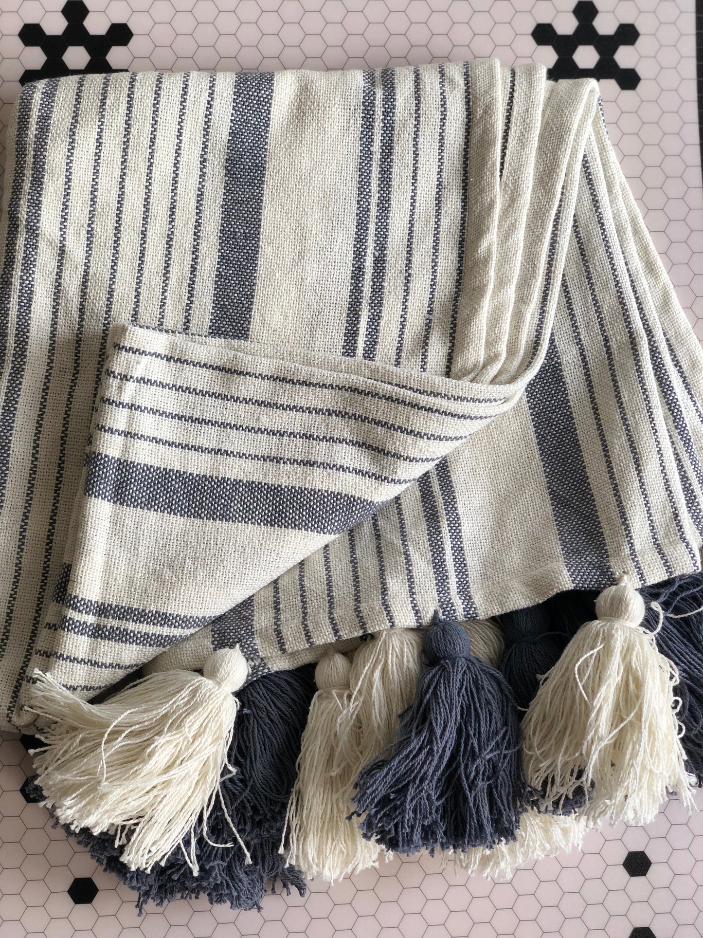 White With Blue Stripes & Tassels
