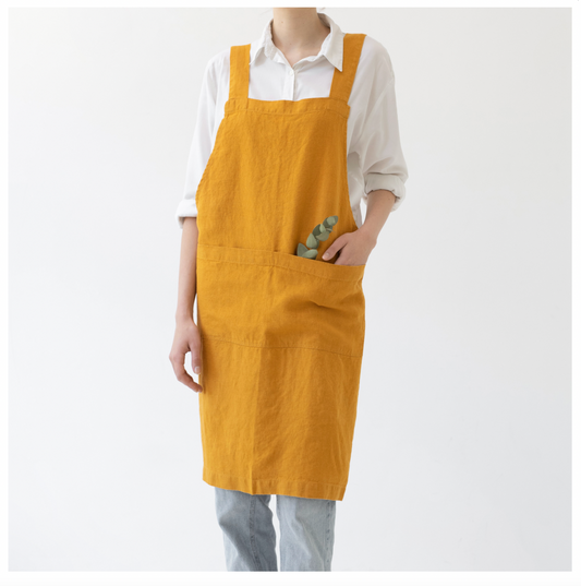Mustard Linen Crossback Apron