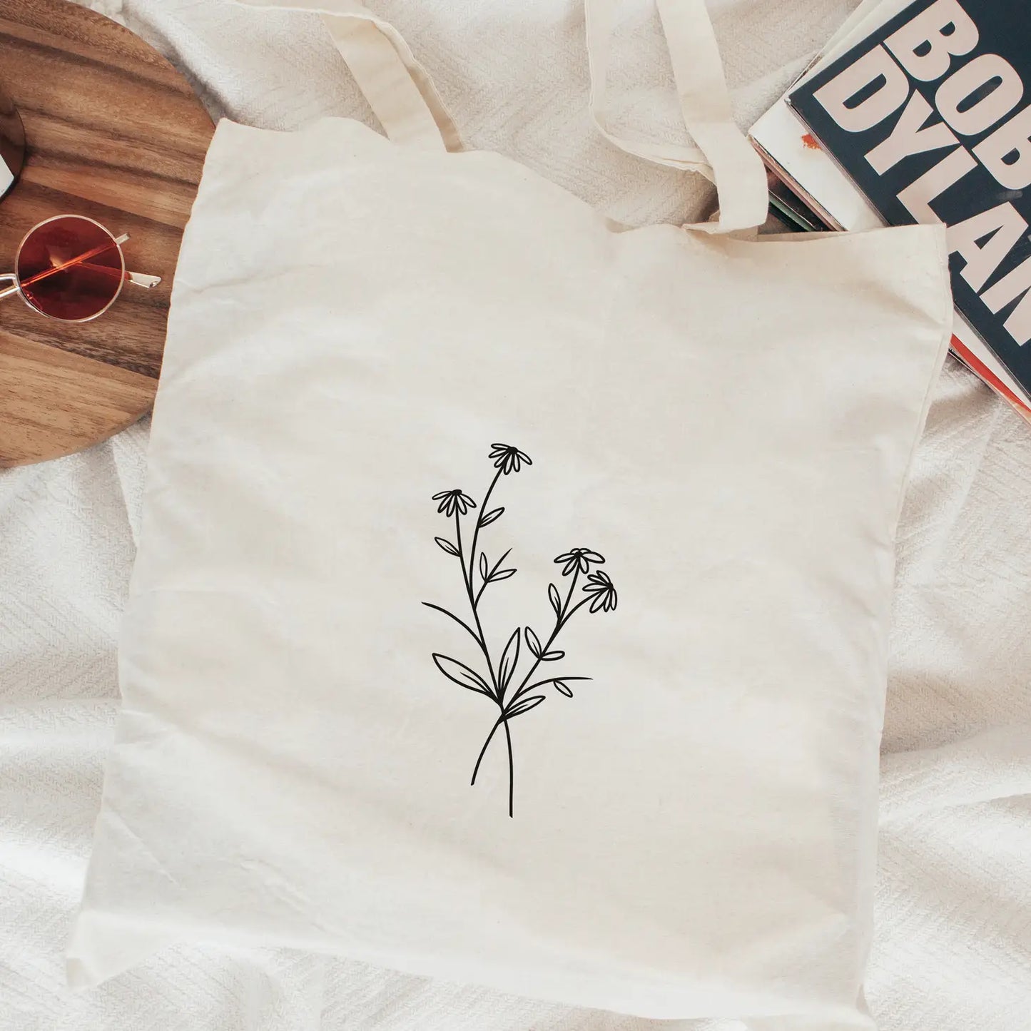 Double Wildflower Line Art Cotton Tote Bag