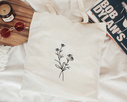 Double Wildflower Line Art Cotton Tote Bag