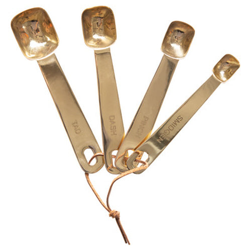 Stainless Steel Square Measuring Spoons w/ Leather Tie Brass Finish